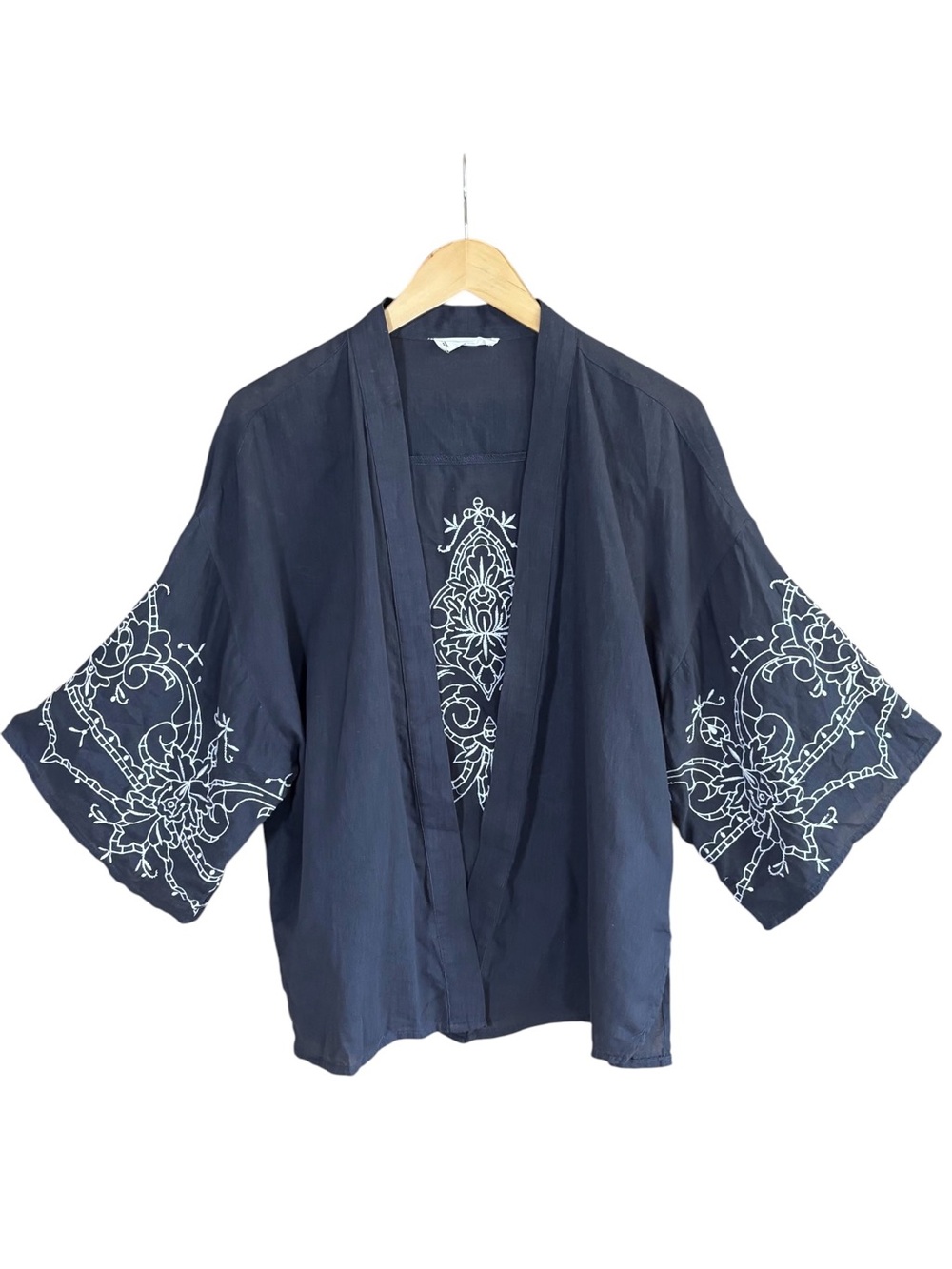Lucky Brand Embroidered Cotton Kimono Cardigan Charcoal Gray One Size